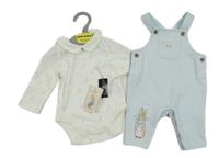 Nové - 2 set - bílé body s králíky + světlemodré laclové tepláky s králíkem dunnes