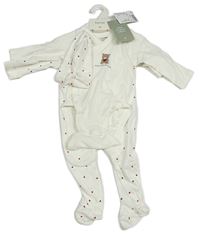 3set - bílá čepice se srdíčky + bílý overal se srdíčky + bílé zavinovací body s medvídkem H&M