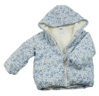 Bílo-modrá květovaná šusťáková zimní bunda s kapucí Primark
