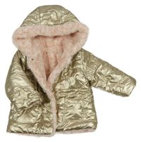 Zlatá lesklá šusťáková zimní bunda s kapucí s kožešinou 