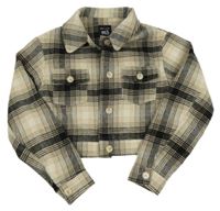 Čierno-sivo-béžová kockovaná crop košeľová vlnená bunda New Look