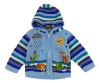 Světlemodro-farebný prepínaci sveter so zvieratkami a kapucňou