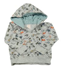 Svetlosivá mikina s nápismi a obrázkami a kapucňou Hema