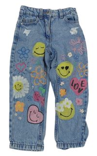 Světlemodré rifle se smajlíky a květy Next