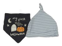 2set - Světlemodro-bílá pruhovaná čepice + Tmavošedý slinták s duchem a dýní 