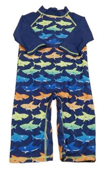 Tmavomodro-barevný UV kraťasový overal se žraloky Peacocks