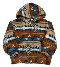 Hnedo-modro-biela vzorovaná huňatá mikina s kapucňou Shein