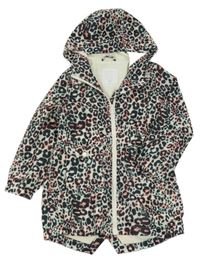 Béžovo-černo-růžovo-modrá šusťáková lehce zateplená parka s leopardím vzorem a kapucí Matalan