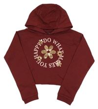 Vínová crop mikina s květem a nápismi a kapucňou Studio