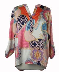 Dámksá růžovo-barevná vzorovaná saténová halenka s rolovacími rukávy 