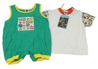 Nové - 2 set - bielo-farebné tričko + zeleno-žltý kraťasový overal s nášivkou