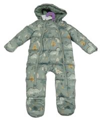 Nové - Světlekhaki šusťáková zimní kombinéza s dinosaury a kapucí Primark