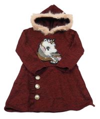 Bordó-černé melírované pletené šaty s jednorožcem a kapucí