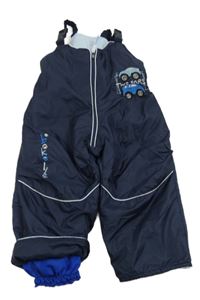 Tmavomodré šusťákové laclové oteplovačky s auty