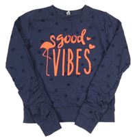 Tmavomodrá bodkovaná á mikina s nápisom a plameňákem Yigga