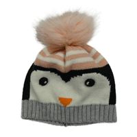 Růžovo-černo-šedá čepice s tučňákem a bambulí 