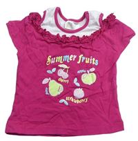 Tmavorůžovo-biele tričko s ovoce m a volnými rameny