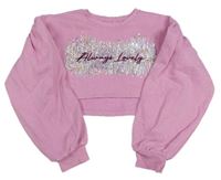 Ružová crop mikina s nápisom a flitrami zn. Matalan