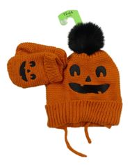 Nové - 2set - Oranžová pletená čepice + rukavice - dýně Primark