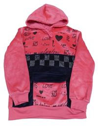 Ružovo-tmavomodrá plyšová mikina s nápismi a kapucňou