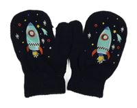 Tmavomodré pletené palcové rukavice s raketami 