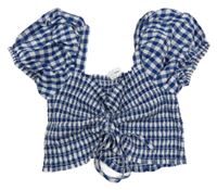 Tmavomodro-biela kockovaná žabičková crop blúzka Ostin