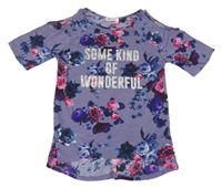 Fialové květované tričko s nápisem a průstřihy na ramenou H&M vel. 176
