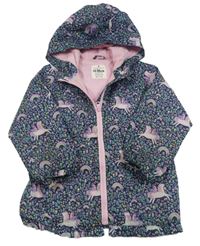 Tmavomodrá šušťáková jarná bunda s jednorožcami a duhami a kvietkami a kapucňou Matalan