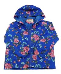 Zafírová šušťáková jarná bunda s růžemi a motýlikmi a kapucňou