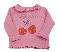 Ružové rebrované tričko s třešničkami a nápisom a golierikom PRIMARK