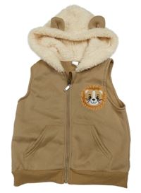 Hnedá tepláková prepínaci vesta so s levíkom  a chlpatou kapucňou s uškami SHEIN