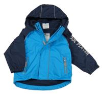 Modro-tmavomodrá šusťáková jarní bunda s nápisem a kapucí Topomini