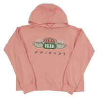 Broskvová crop mikina s hrníčky a nápisem - F.R.I.E.N.D.S a kapucňou