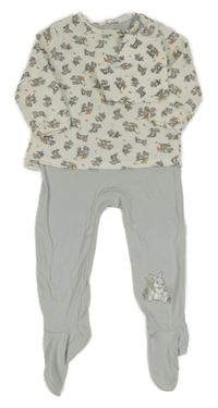 Nové - 2Set - Světlešedý overal se zajíčkem Thumperem a bílou žebrovanou tunikou + šátek PRIMARK