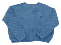 Modrý rebrovaný žimylkový oversize crop sveter YIGGA