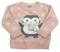 Ružový trblietavý sveter s vločkami a tučňákem F&F