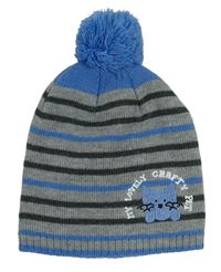 Sivo-modrá pruhovaná pletená čapica s výšivkou a brmbolcom