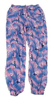 Ružovo-modré letné nohavice s listami a vtáčky Alive