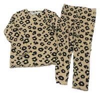 2set- Béžové rebrované úpletové tričko s leopardím vzorem + legíny Tu