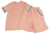 2set - Růžové tričko s pruhy na rukávech + oversize kraťasy Shein