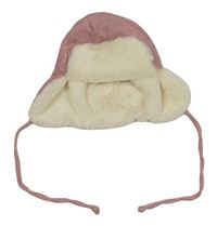 Růžová melírovaná vlněná beranice s kožešinou