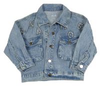 Modrá rifľová bunda s písmeny s kamienkami