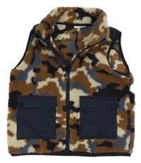 Béžovo-hnedo-tmavomodrá army huňatá vesta