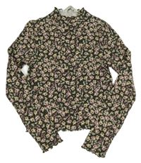 Khaki květované žebrované crop triko H&M