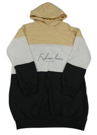 Béžovo-bílo-černé teplákové šaty s nápisem a kapucí Matalan