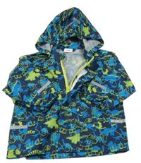 Tmavomodrá šušťáková nepromokavá bunda s dinosaurami a kapucňou Papagino