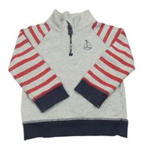 Sivo-červená mikina s výšivkou a pruhy na rukávech The Little White Company