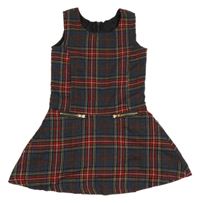 Tmavošedo-červeno-farebné kockované šaty so zipy