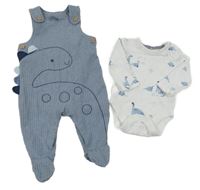 2set - Modré žebrované laclové dupačky s dinosaurem + bílé body s dinosaury George