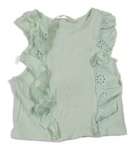 Mátový rebrovaný crop top s volániky s madeirou H&M